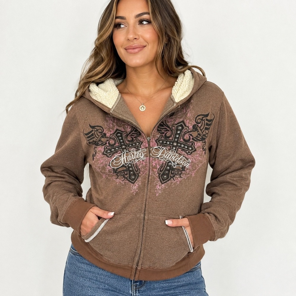 Harley-Davidson Brown Zip Up Hoodie Faux Shearling Hood Gothic Cross XL Womens